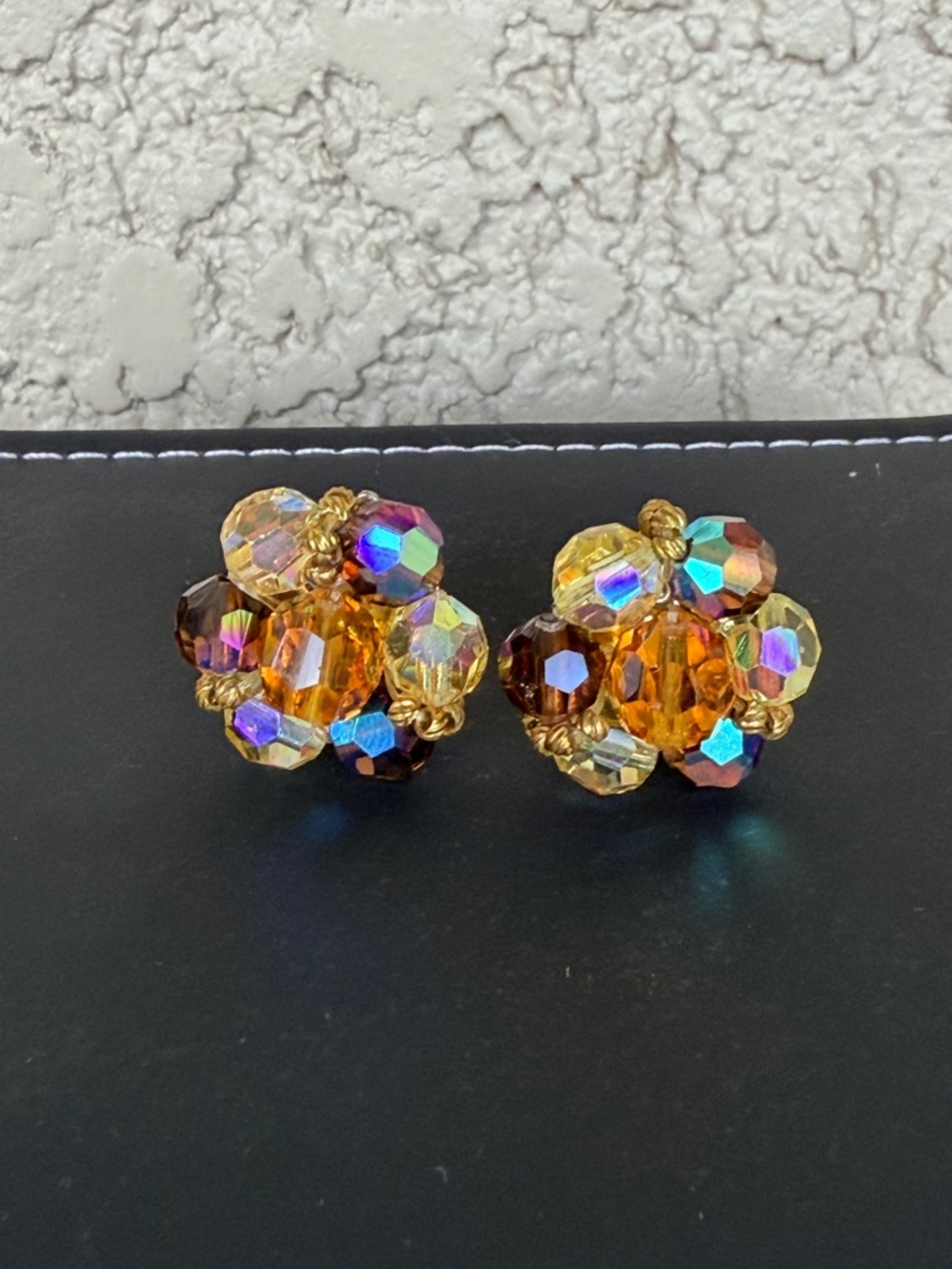 Vintage Amber AB Glass Cluster Clip-On Earrings